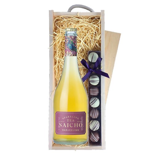 Saicho Darjeeling Sparkling Tea 75cl & Truffles, Wooden Box